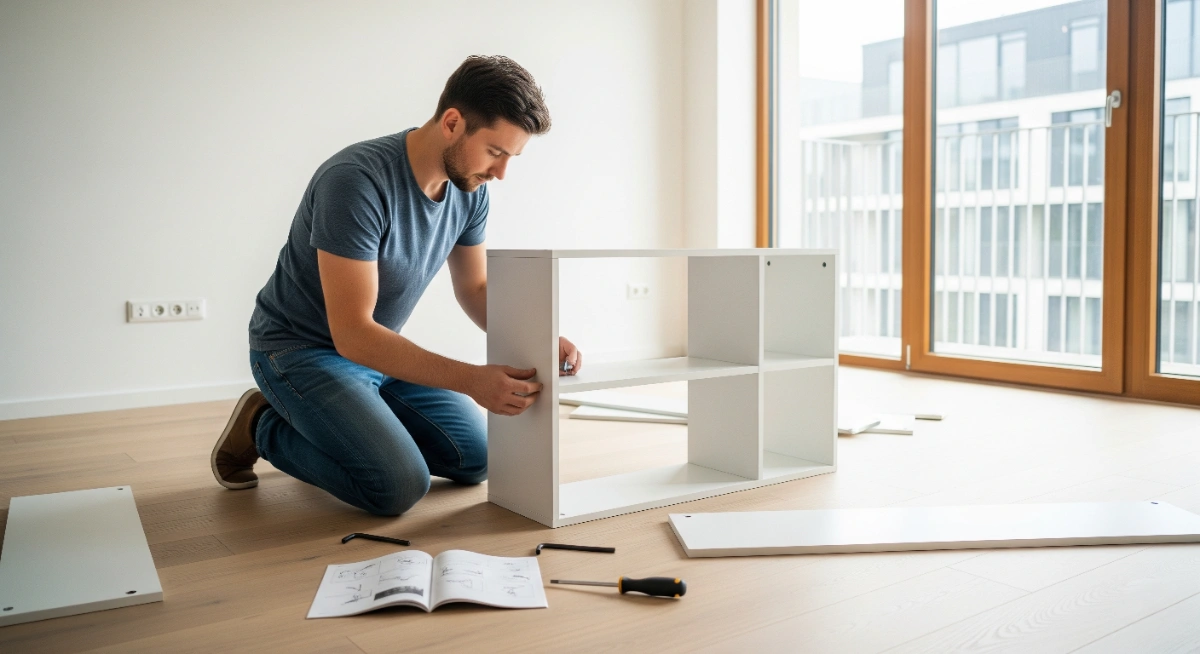 ชายหนุ่มกำลังนั่งประกอบเฟอร์นิเจอร์น็อคดาวน์ในห้องใหม่